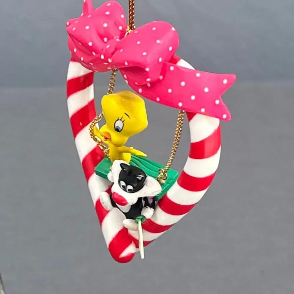 VTG Warner Bros Tweety Sylvester Heart Candy Cane Ornament Looney Tune Christmas